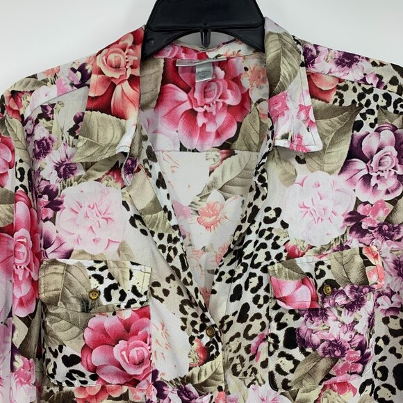 Dressbarn Top Floral Print Button Down V Neck Roll Tab Sleeve - Picture 2 of 10